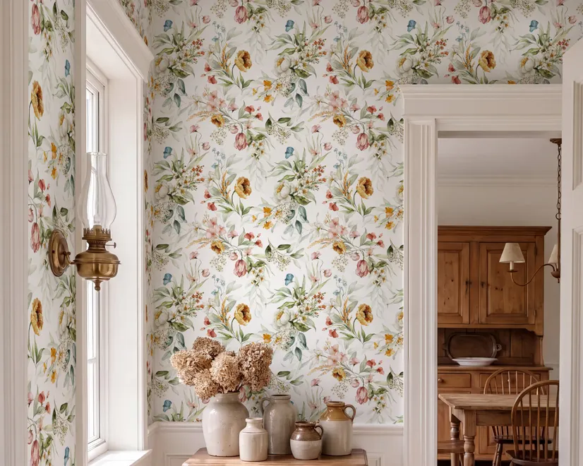 Watercolour floral wallpaper with sage leaves, blush and ochre flowers on a white ground