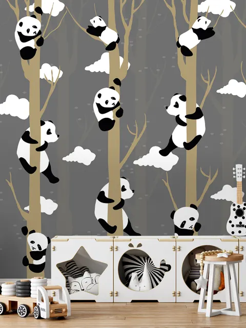 Cartoon-Pandas mit Baumzweigen Fototapete