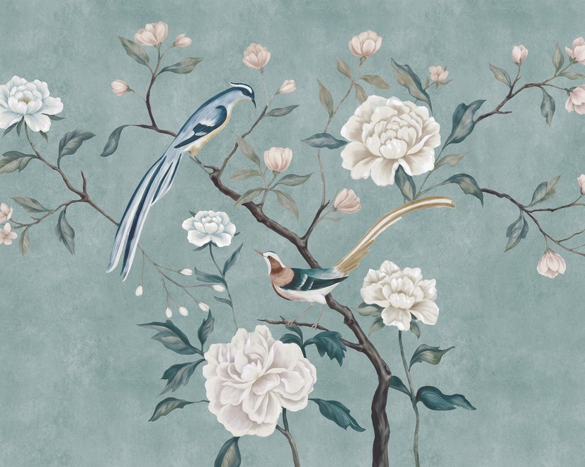 Papier peint panoramique floral et hirondelle, pivoine, vintage