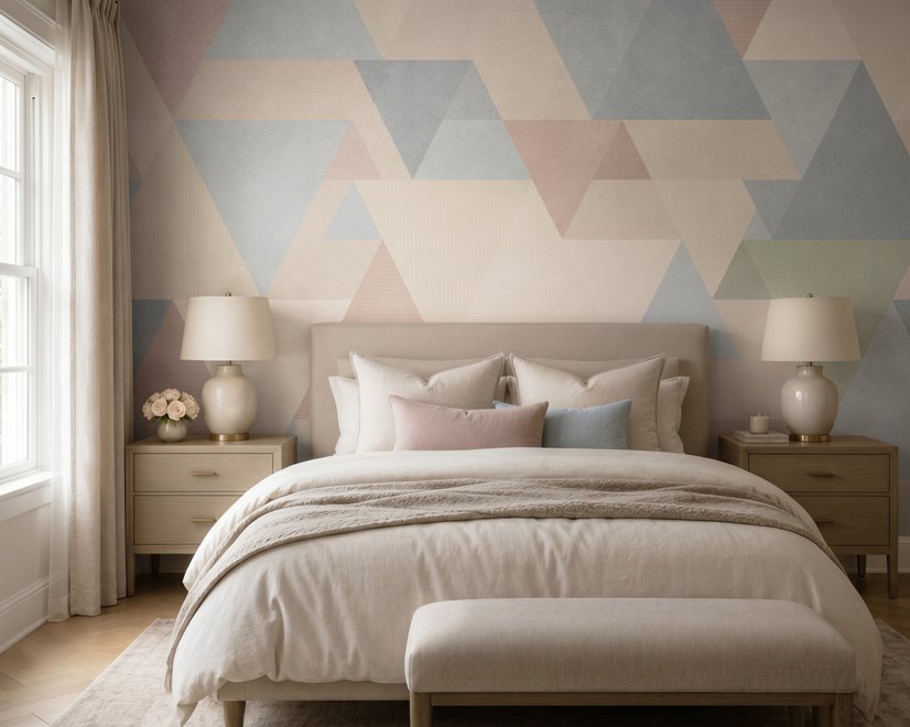 Pastel abstract wallpaper with overlapping sky blue, blush, cream, sage and grey textured triangles