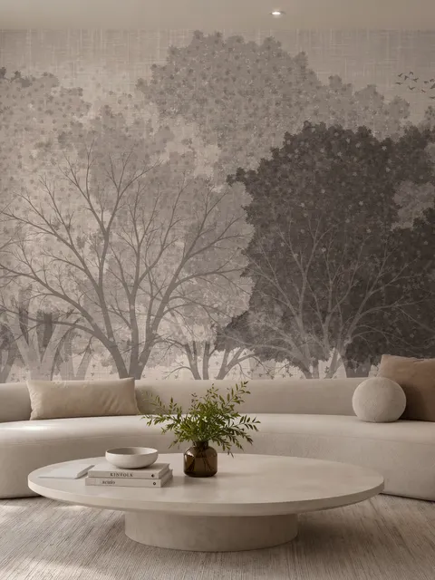 Misty forest nature wallpaper mural in greige, taupe and charcoal watercolour with birds