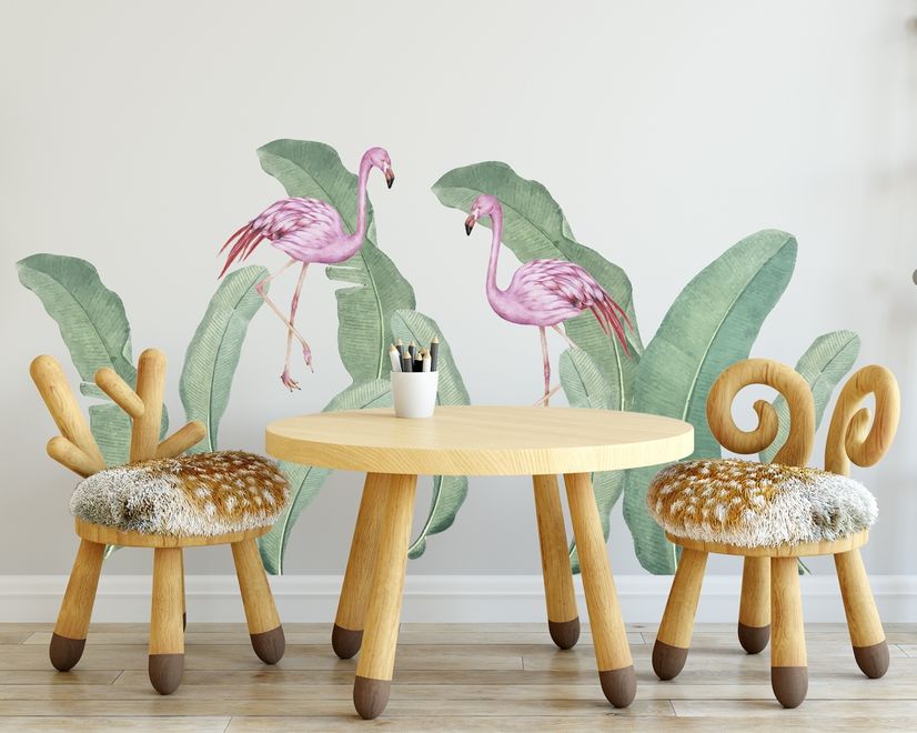 Kids Pink Flamingo and Green Banana Leaves Wall Decal Sticker