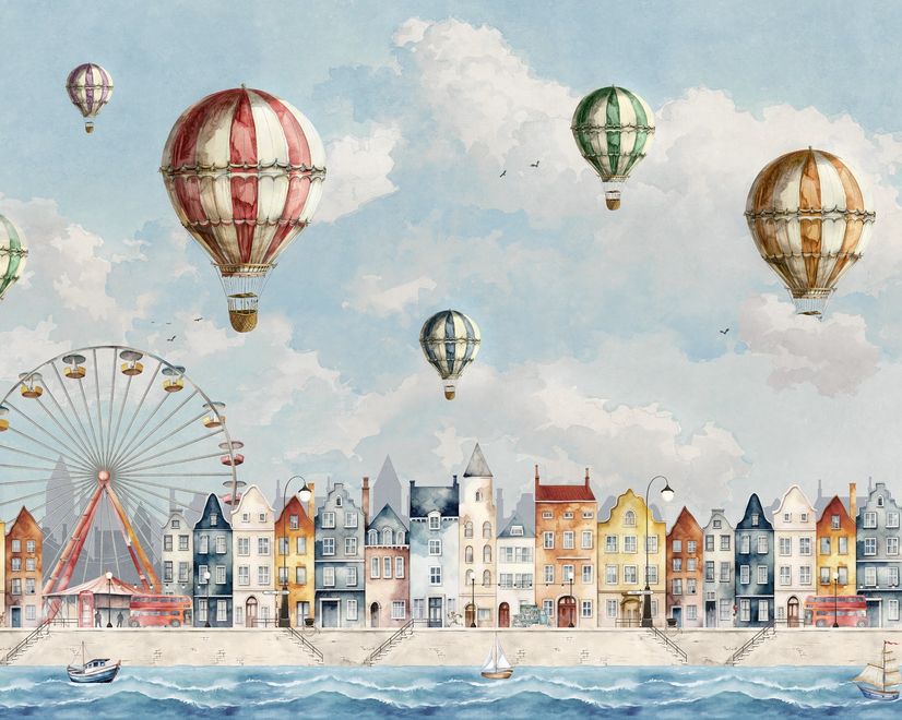 Kids Harbor Village and Hot Air Balloons Wallpaper Mural