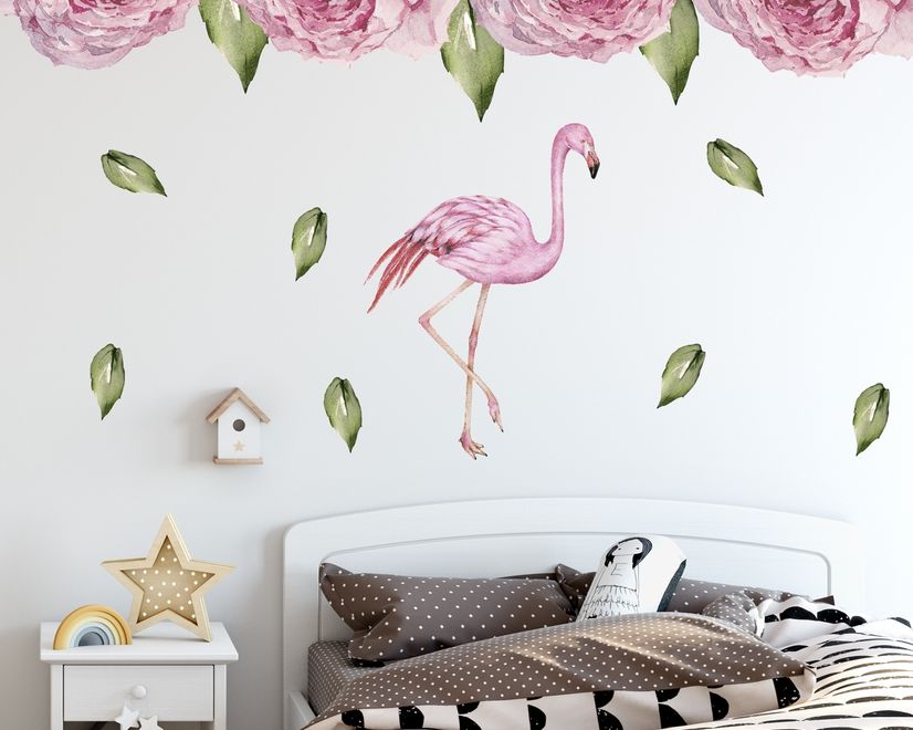 Pink Peony Floral and Flamingo Wall Decal Sticker