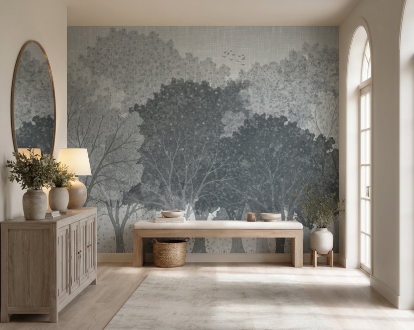 Light gray wallpaper mural with misty forest trees, falling leaves and birds