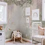 Watercolour nature wallpaper with lilac wisteria, pale trees, sage foliage and small songbirds around a misty clearing
