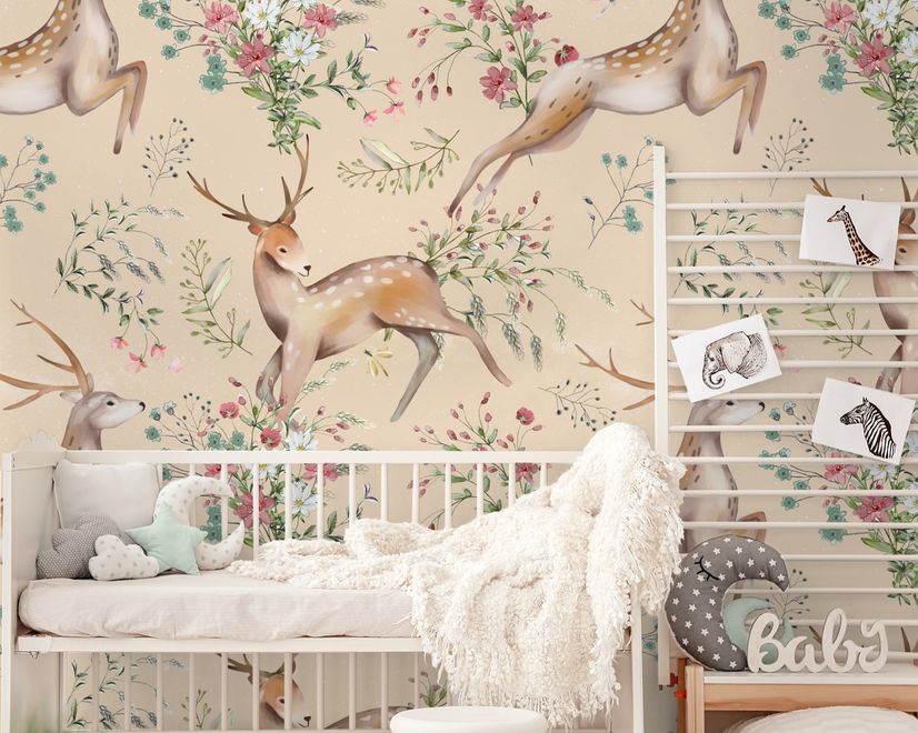 Nursery Vintage Floral with Deer Wallpaper Mural