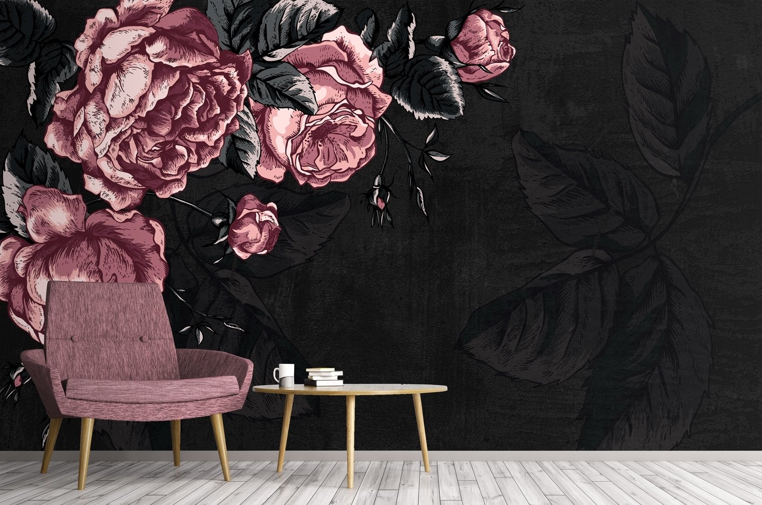 Dark Floral Peony Flower Drawing Wallpaper Mural - Peel and Stick
