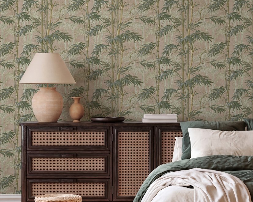 Vintage bamboo wallpaper with sage and smoky blue-green leaves on a warm taupe ground