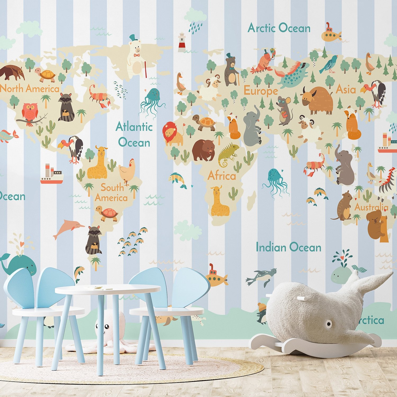 Kids Animals World Map with Stripe Pattern Wallpaper Mural - Peel and Stick