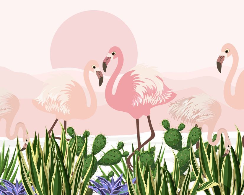Flamingo with Cactus Wallpaper Mural