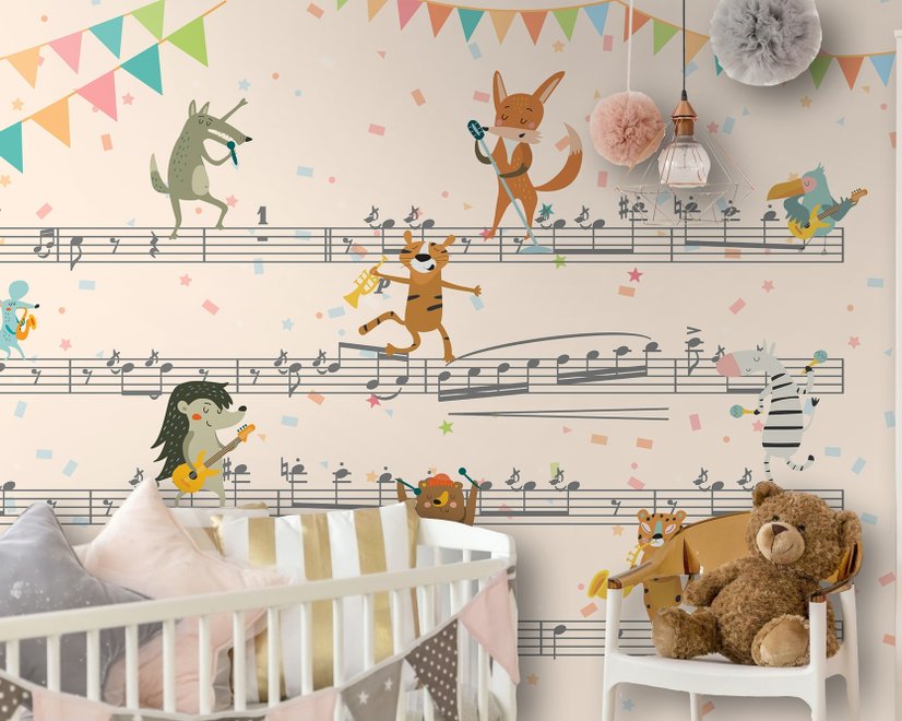 Cartoon Animals on Music Notes Wallpaper Mural