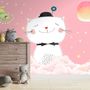 Cartoon Happy Cat on the Pink Clouds Wallpaper Mural
