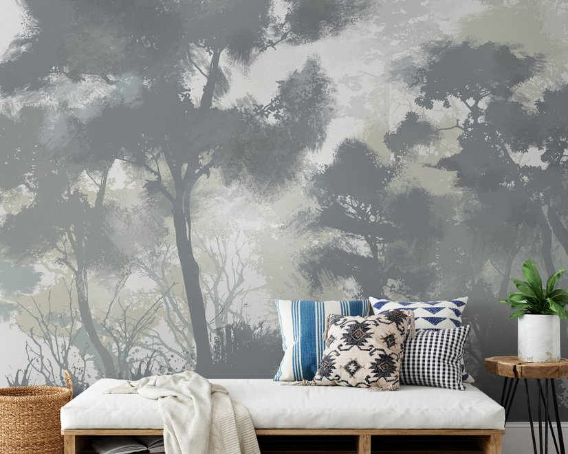 Monochrome Forest Silhouette Landscape Wallpaper Mural