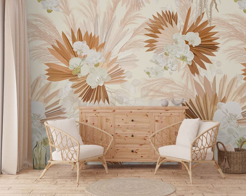 Neutral Boho Plants with Palm Leaf Wallpaper Mural