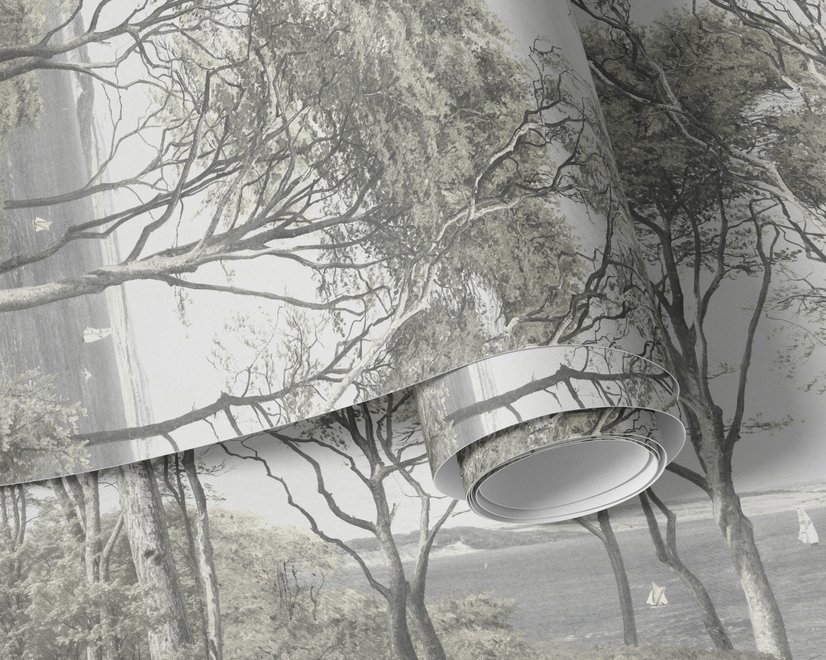 Coastal woodland wallpaper mural with grey trees, sandy path, sea horizon and small white sailboats