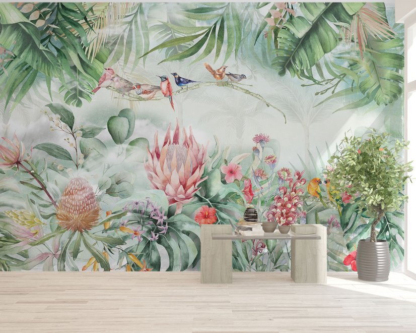 Colorful Tropical Exotic Cactus Floral with Little Birds Wallpaper Mural