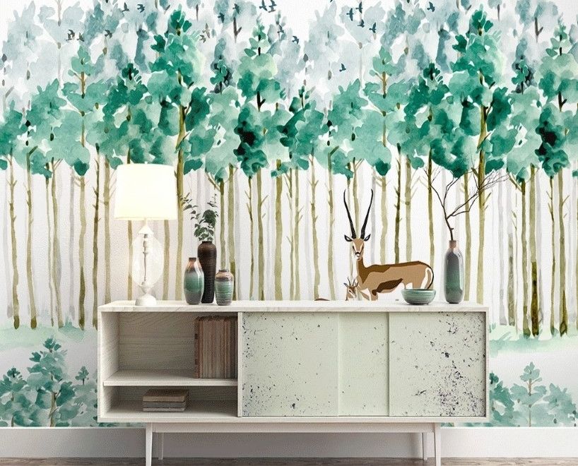 Watercolor Green Forest with Elk Wallpaper Mural
