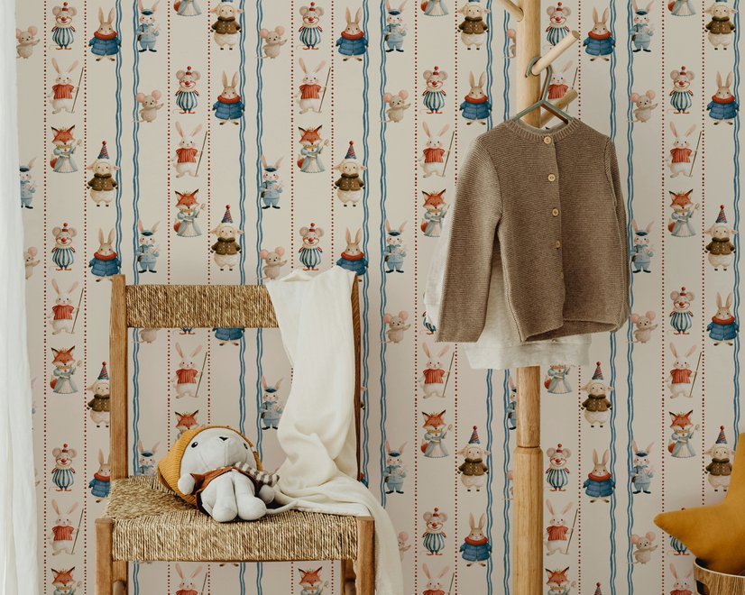 Cartoon wallpaper with rabbits, mice, a crowned fox and lambs in costumes between wavy blue stripes