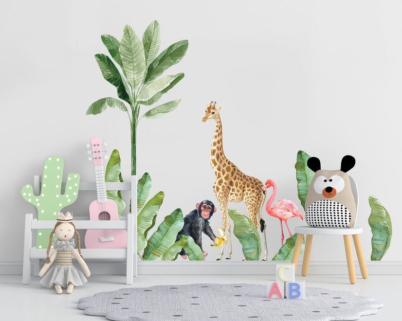 Kids Tropical Animals with Palm Leafs Wall Decal Sticker