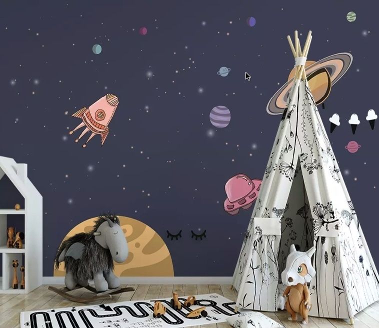 Watercolor Cartoon Space with Planets Wallpaper Mural