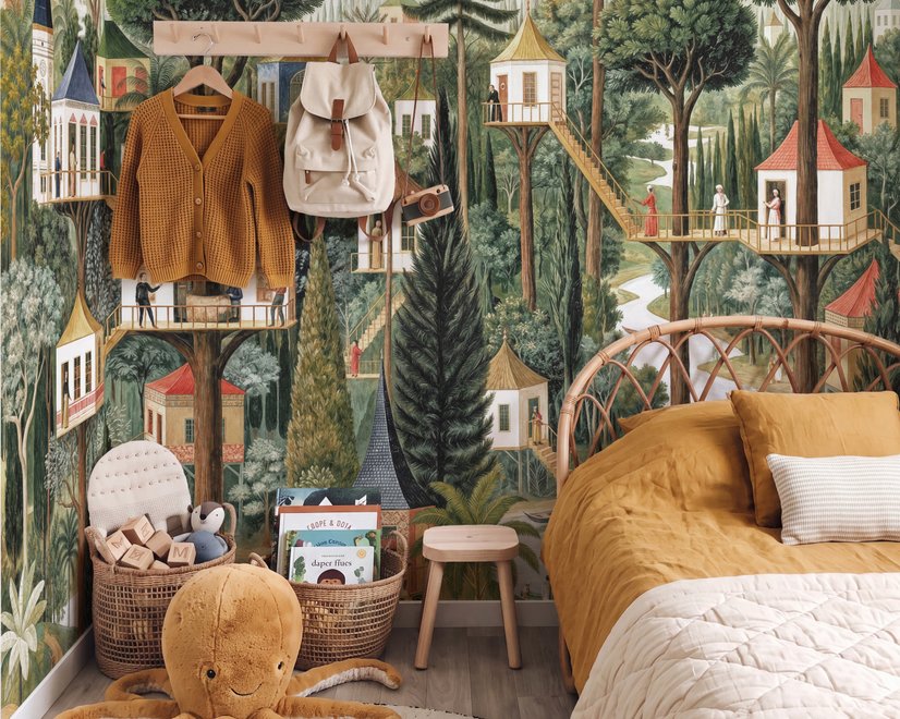 Architectural design wallpaper mural of forest treehouses, rivers, boats and small figures in green watercolour