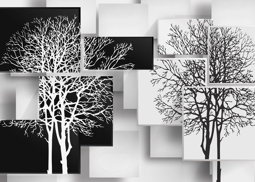 Papier peint panoramique arbre noir et blanc avec cubes abstraits