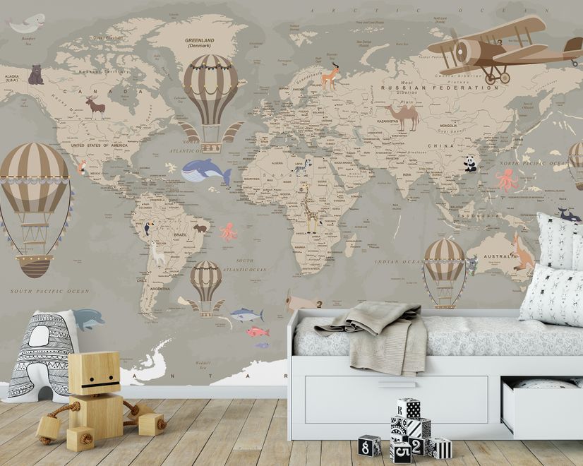 Kids Soft Brown Political World Map with Drawing Animals Wallpaper Mural