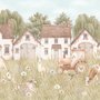 Watercolour farmhouse animal wall mural with cottages, horse, cow, tractor and wheat meadow