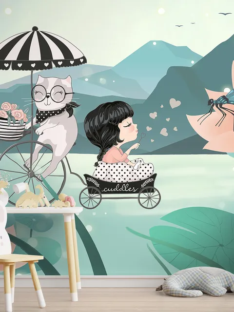 Cute Little Girl with Cat and Pink Lotus Cartoon Wallpaper Mural for Girls Room