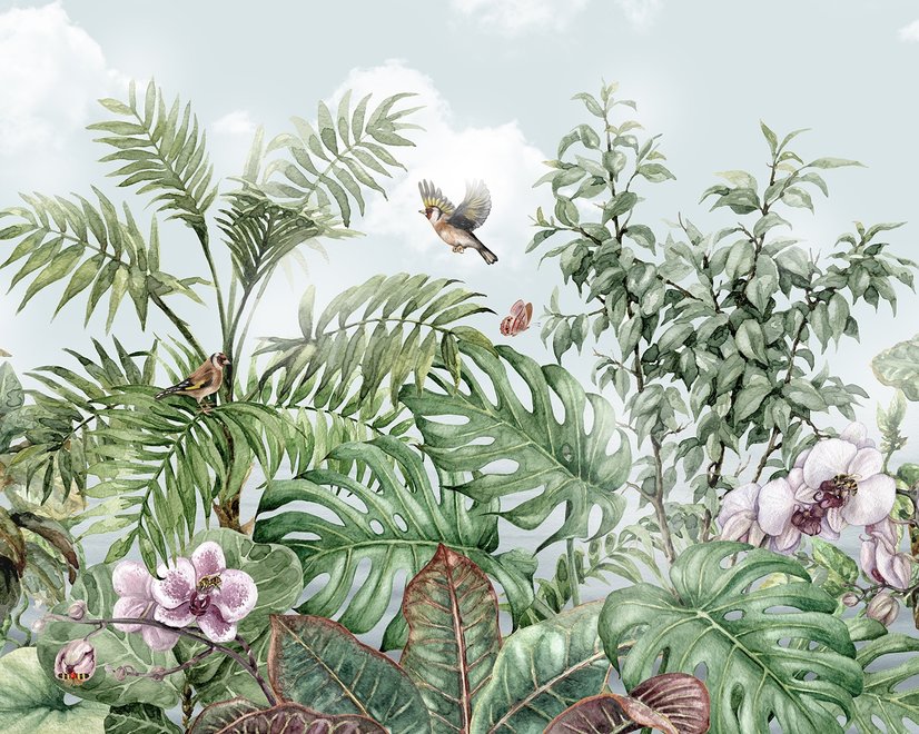 Papier peint feuilles tropicales oiseaux fleurs