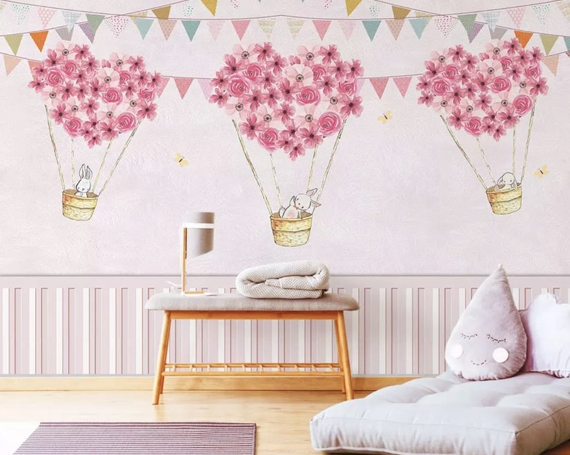 Papier peint Montgolfière fleurie avec lapins