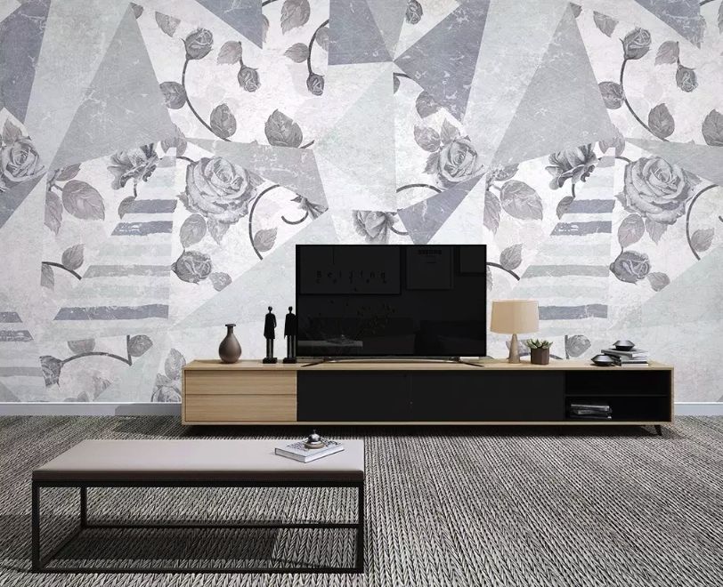 Rose Floral with Geometric Pattern Wallpaper Mural