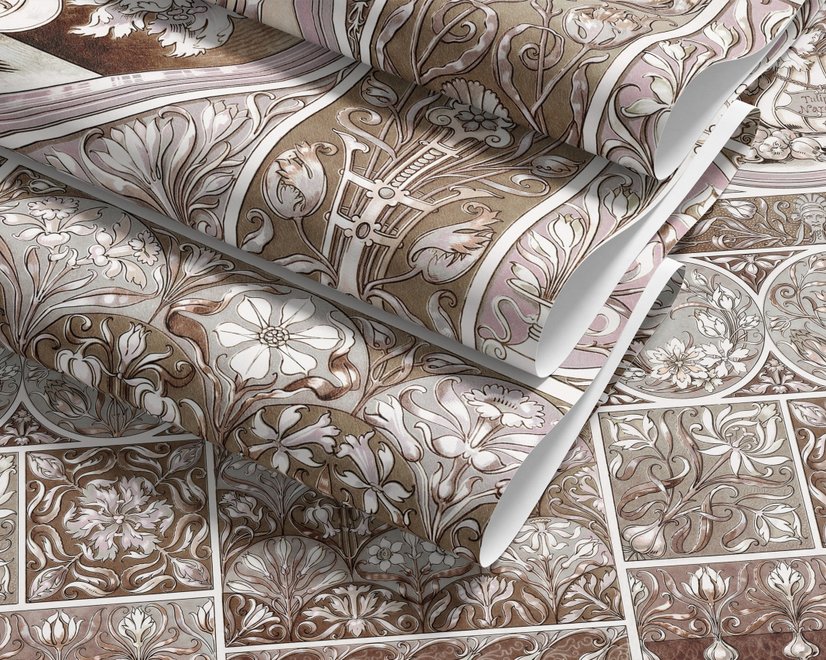 Antique wallpaper mural with Art Nouveau floral tile panels, sepia borders and blush botanical medallions