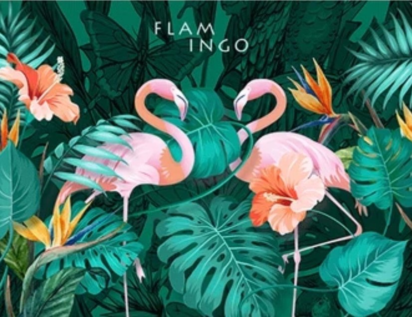 Coral and Pink Flamingo with Tropical Leafy Wallpaper Mural