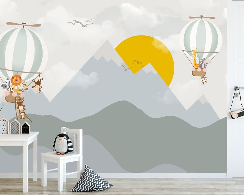 Kids Nursery Mountain Landscape with Hot Air Balloon Wallpaper Mural