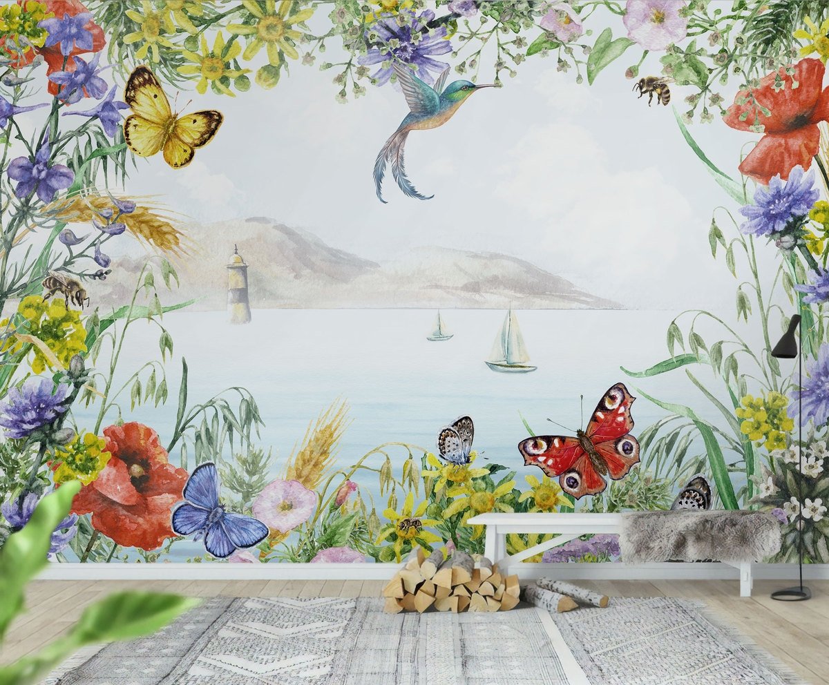 Sea View with Garden Flowers Wallpaper Mural - Peel and Stick