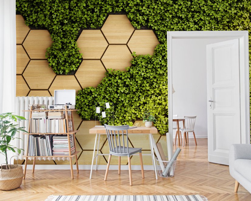Hexagon Honeycomb Pattern and Fresh Grass Wallpaper Mural
