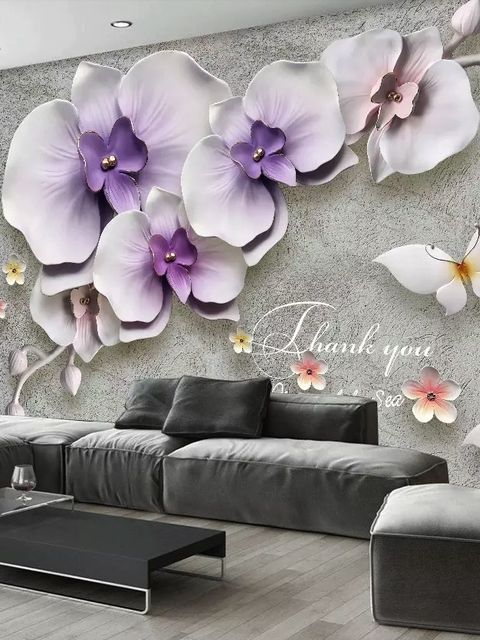 Papier peint panoramique orchidées violettes effet relief 3D