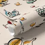 Bar area wallpaper with hand drawn cocktails, liquor bottles, citrus and fruit bowls on warm cream