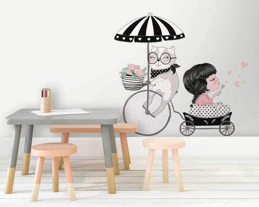 Chat mignon et belle fille à vélo Sticker Stickers muraux