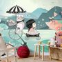 Cute Little Girl with Cat and Pink Lotus Cartoon Wallpaper Mural for Girls Room