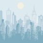Blue Monochrome Cityscape and Soft Sun Wallpaper Mural