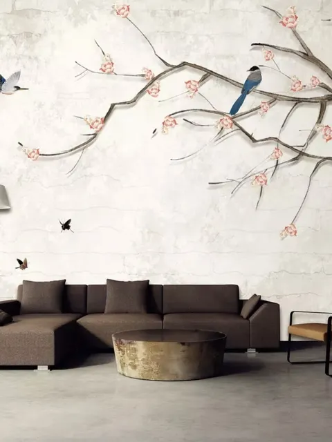 Papier peint oiseaux colorés et cerisiers en fleurs