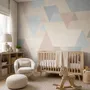 Pastel abstract wallpaper with overlapping sky blue, blush, cream, sage and grey textured triangles