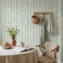 Blue floral stripe wallpaper with pale sky-blue bell flowers, green vines and sage bands on white