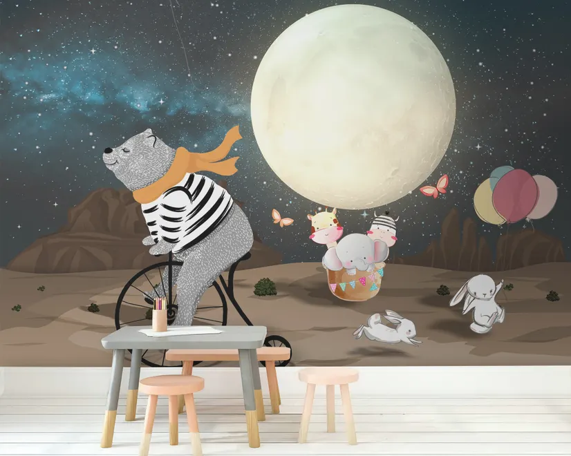 Cartoon Bear and Cute Rabbit with Moon Wallpaper Mural