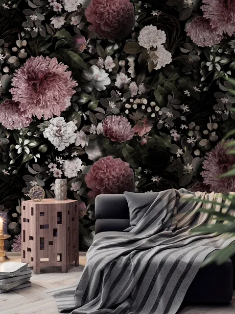 Dunkle Blumen Fototapete mit Rosa Chrysanthemen und Grünen Blättern