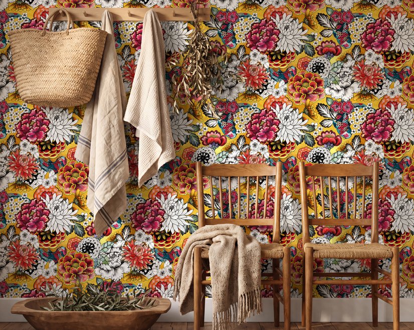 Floral and fish wallpaper with coral blooms, teal fish and black white flowers on metallic mustard-gold ground