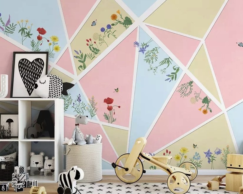 Flowery with Geometric Shapes Wallpaper Mural